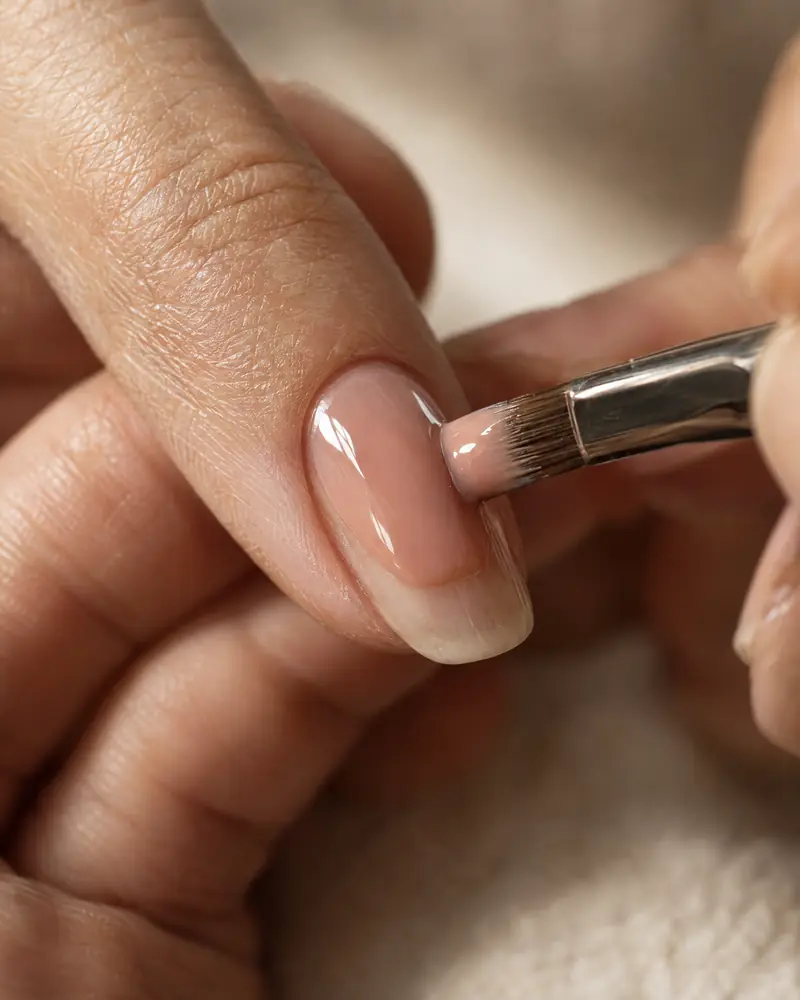 Extreme close-up of a nail technician painting a nude-pink gel polish onto a fingernail with a fine brush