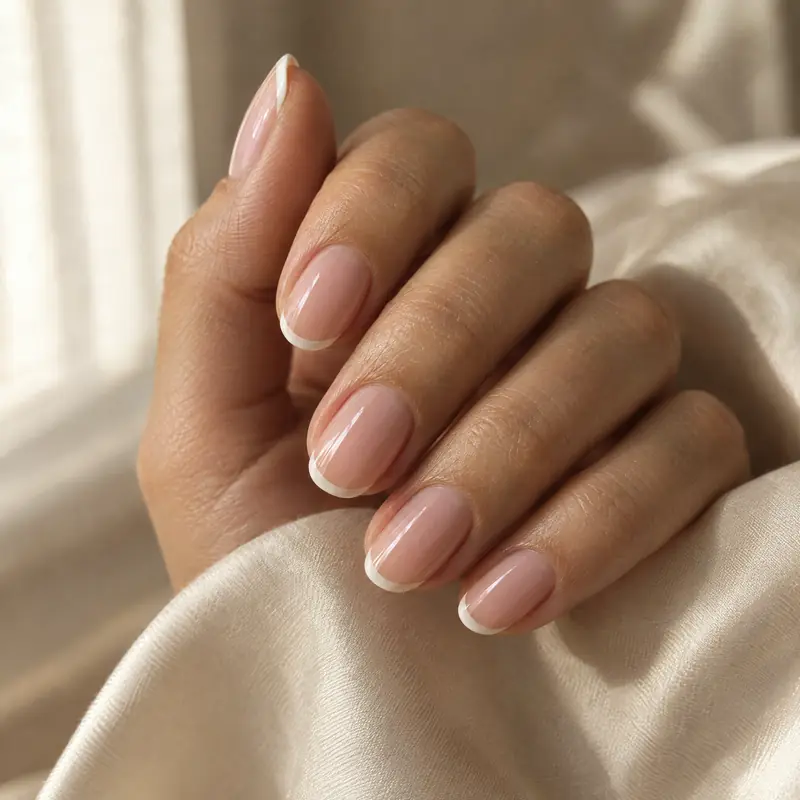 Close-up of fingertips with a soft French manicure against cream silk